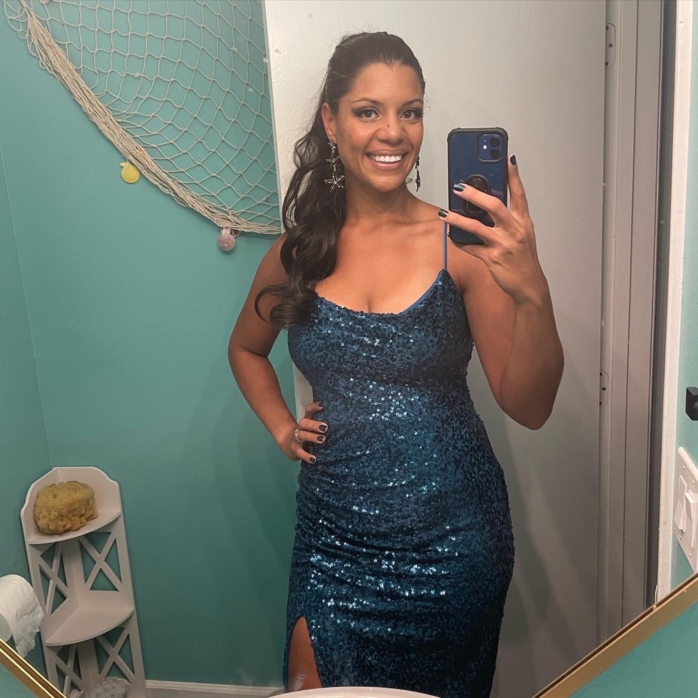 Aqua Ruched Sequined Patterned Cocktail Dress - Picture 2 of 3